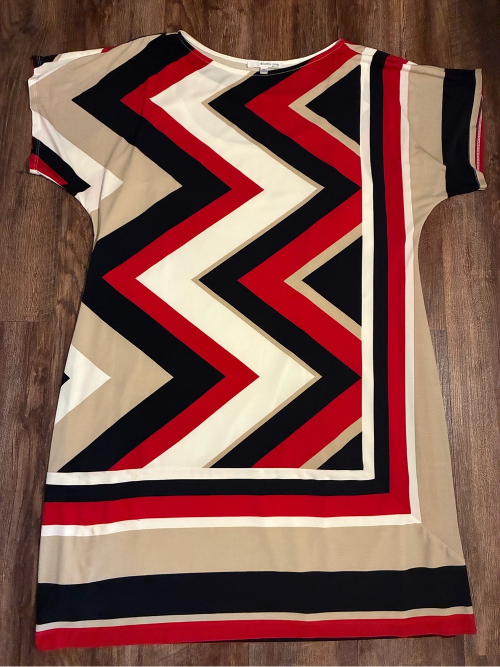Studio One Career Chevron Shift Boho Dress in Red, Black, Cream, Tan Dress XL
